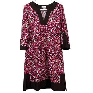 Jude Connally Size S Holly Dress Pink Brown Ikat Print Split Neck Shift Abstract